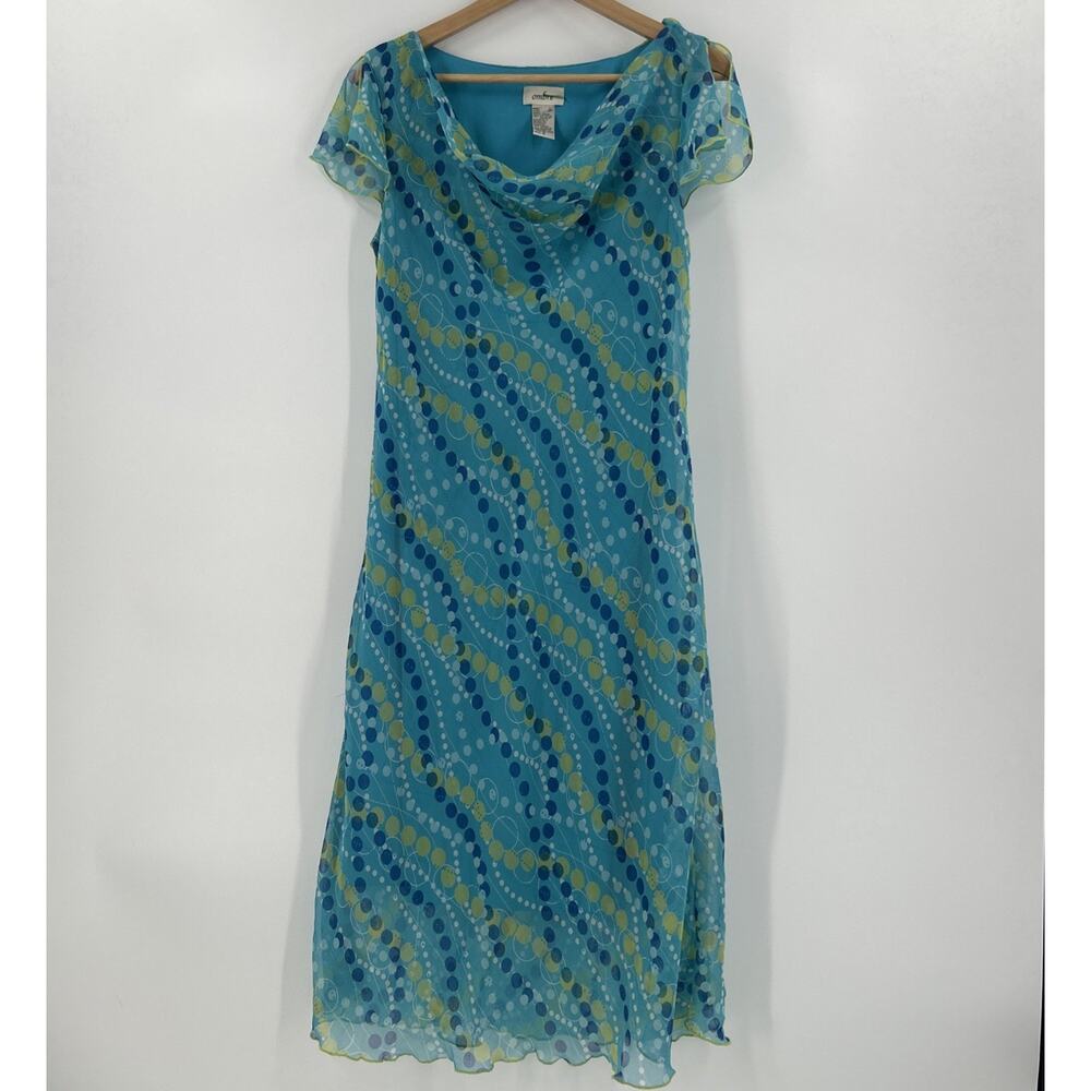 Vintage Y2K Ombre Midi Dress Womens Size 12 Aqua Blue Lettuce Hem Semi Sheer